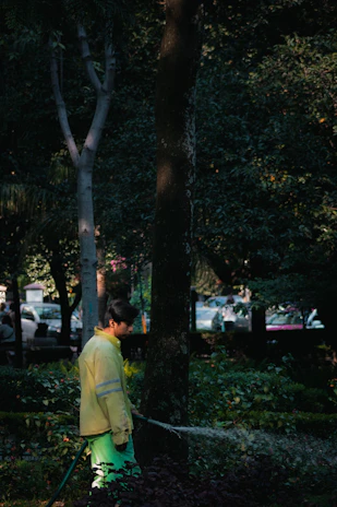 A professional landscaper using a sprayer to water a lush green municipal park.