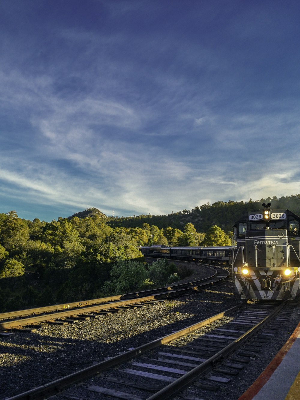 black train with light on during daytime