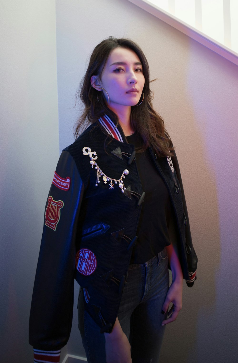 woman in black satin jacket