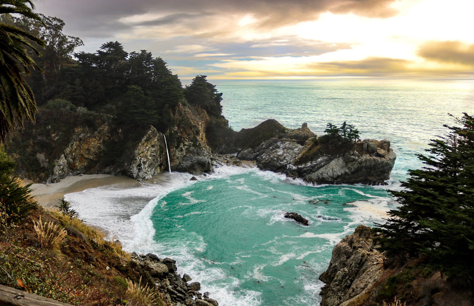 The Big Sur coast from above, a cove of turquoise water under the cliffs