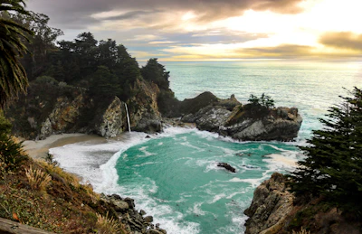 The Big Sur coast from above, a cove of turquoise water under the cliffs