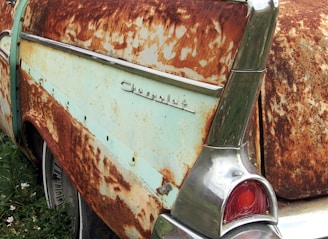 A vintage car displays significant rust across its light blue body, with a close-up view of the rear side, including the emblem and tail light. The weathered metal contrasts with the shiny chrome detailing, and grass with small flowers is visible near the tire.