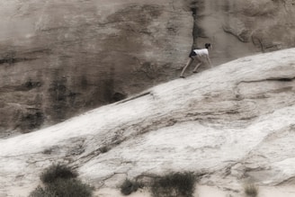 A person climbing a steep mountain trail with determination.