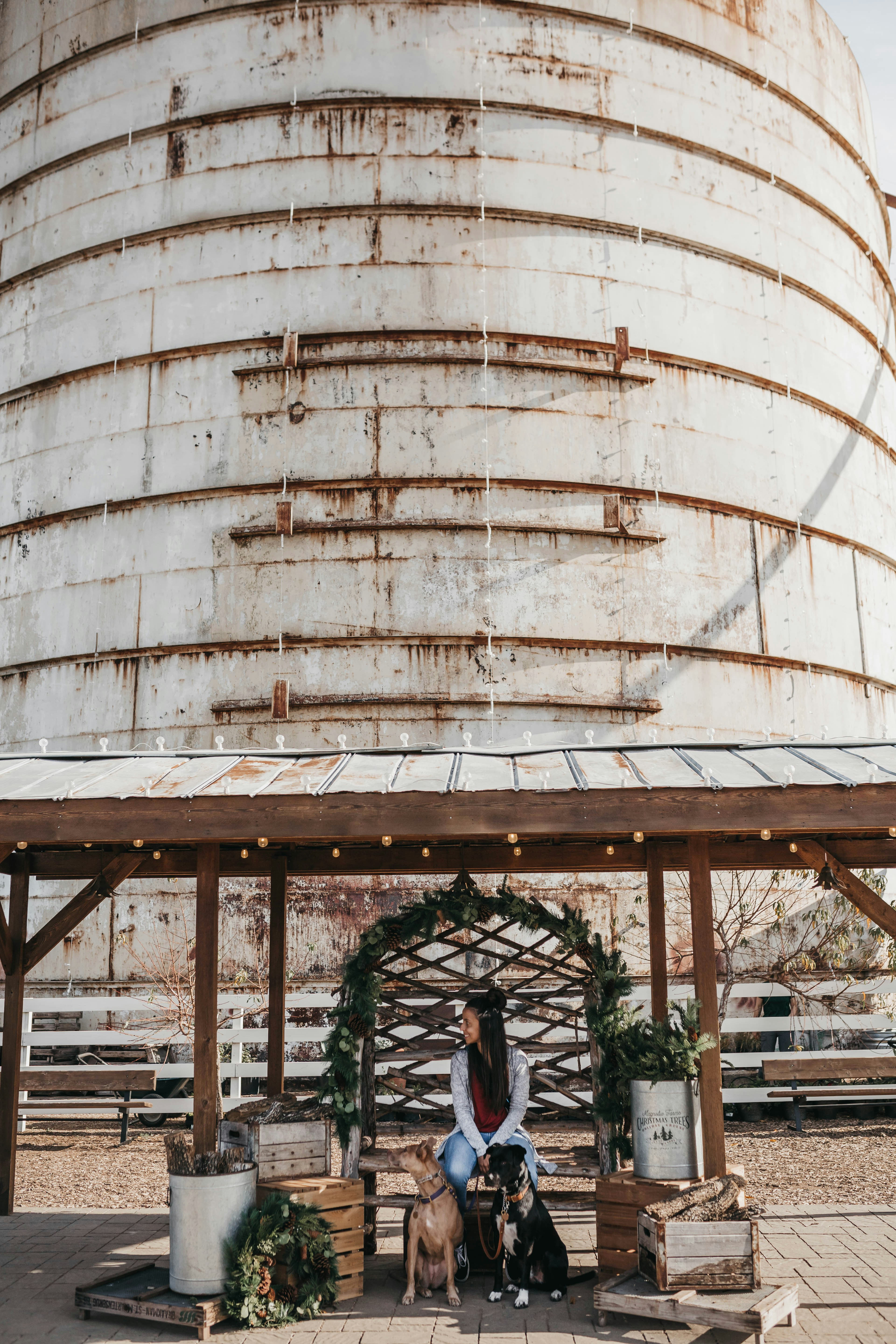 Mujer sentada en banco de madera marrón