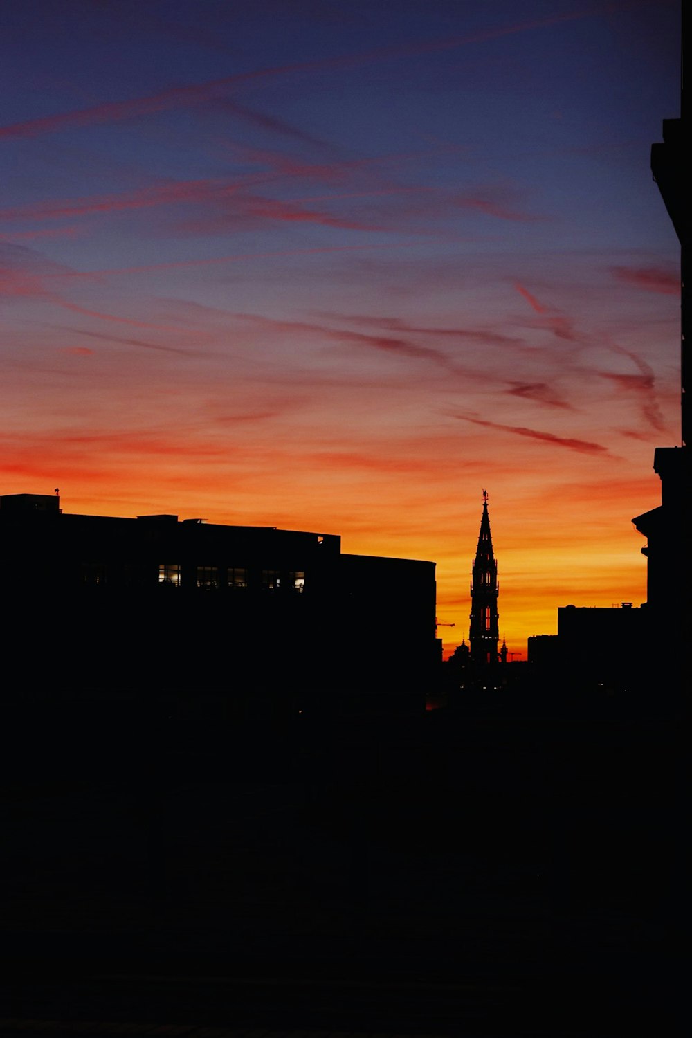 silhouette photo of tower near building