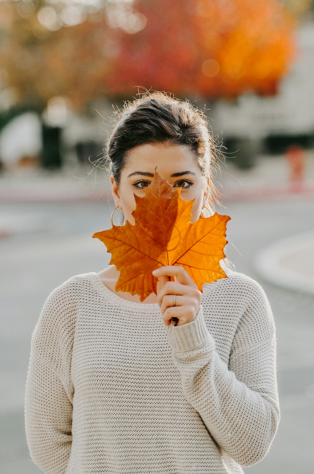 woman holding brown maple leaf