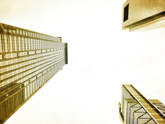 A perspective view between tall skyscrapers looking towards the sky. The buildings are reflective, with numerous windows arranged in a grid pattern. The architecture is modern and sleek, dominated by vertical and horizontal lines.