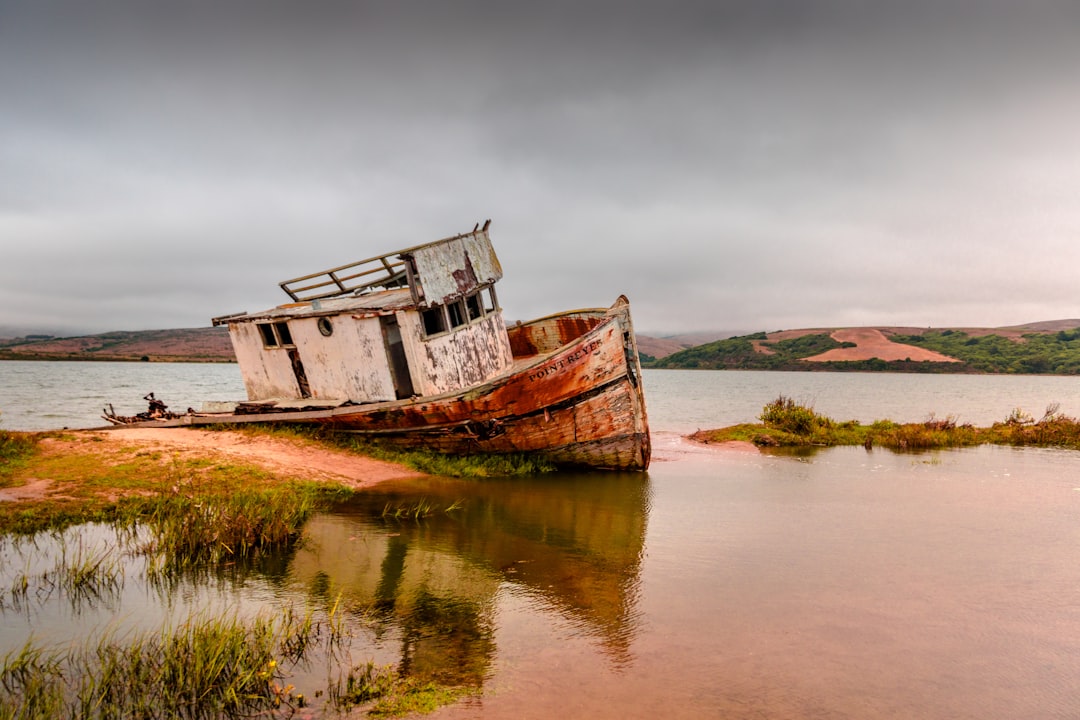 brown and white boat parked on islet, A shipwreck always makes a good backdrop on a gloomy day.