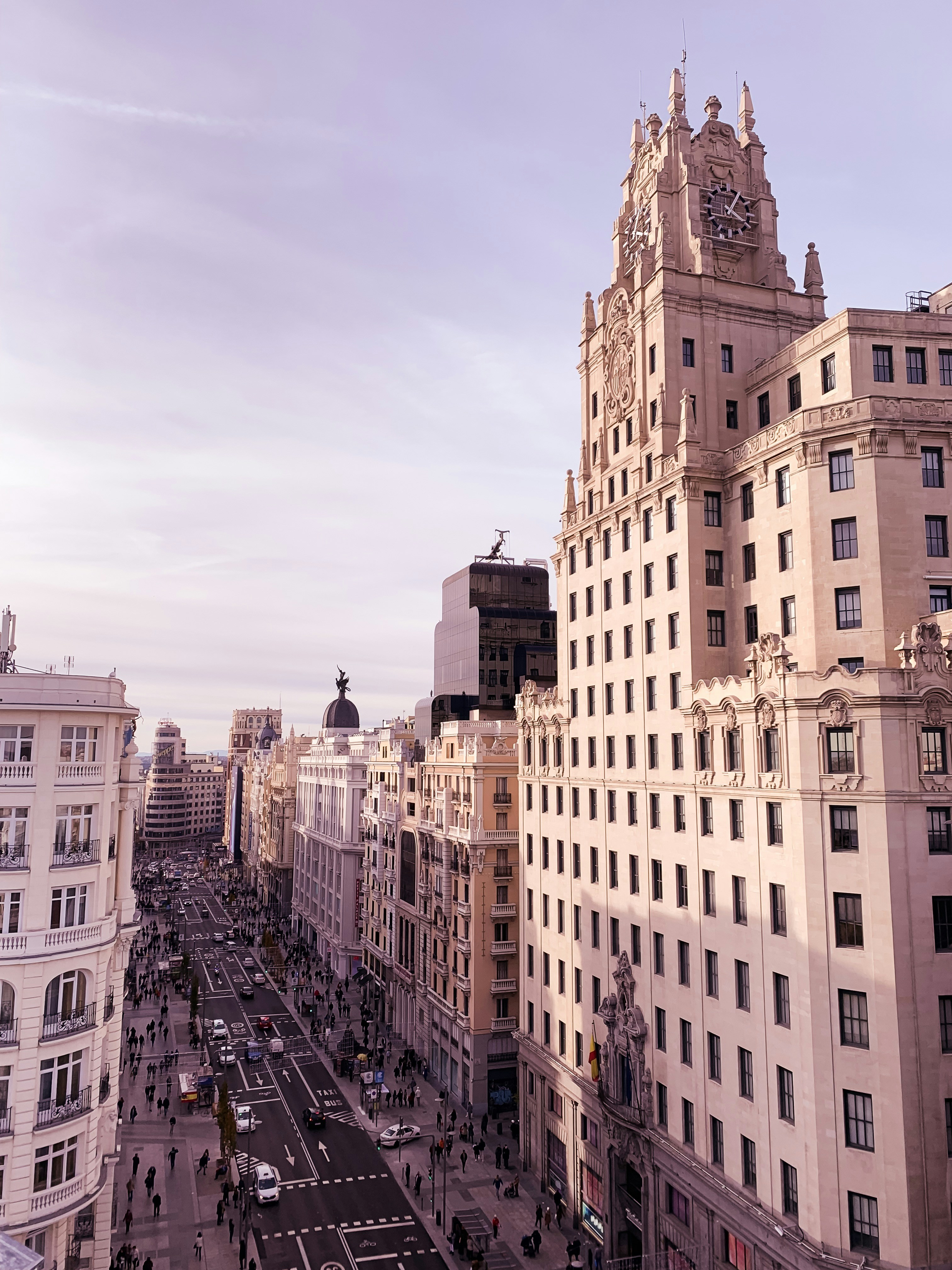 Sunset in Madrid, Gran Via seen from above.