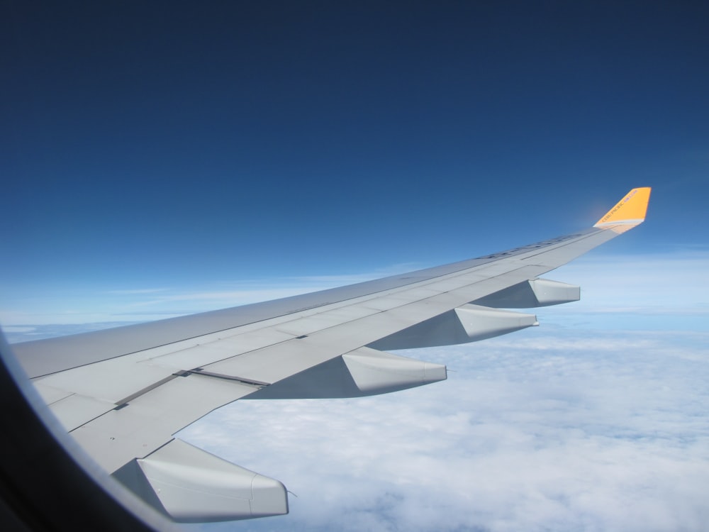 灰色と白の飛行機の窓の翼