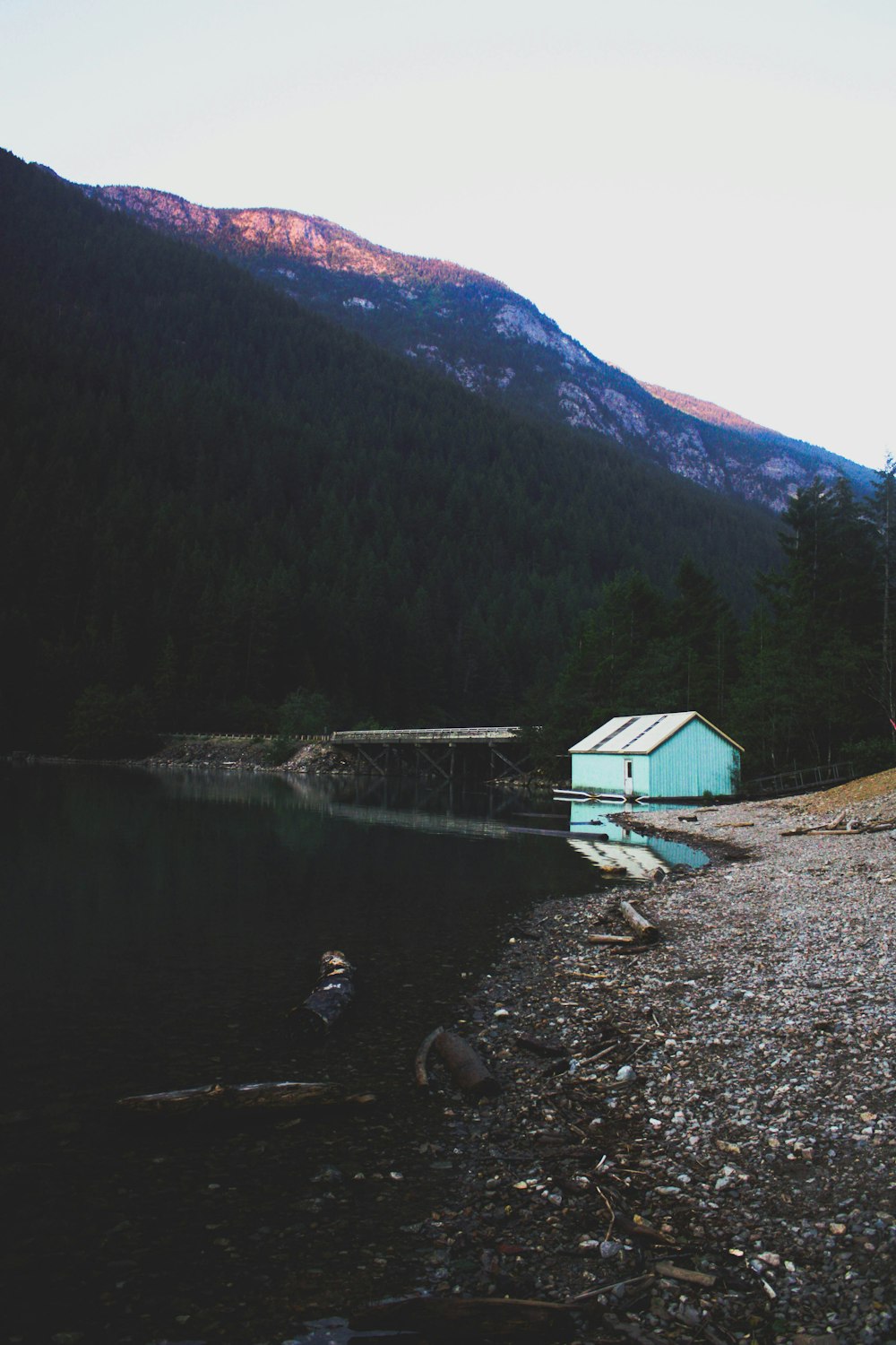 blue and white house beside body of water