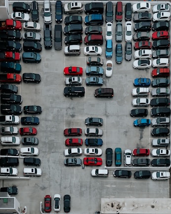Aerial view of a well-organized parking area with clear markings.