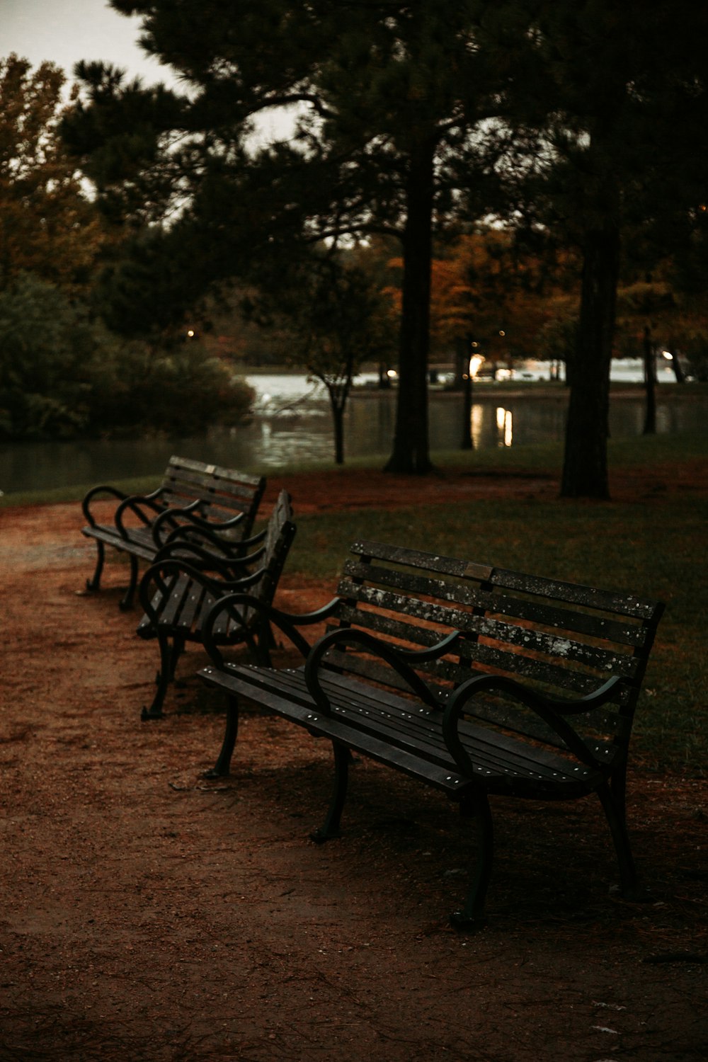 three brown metal benches near trees