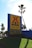 A large sign with a yellow background and red logo reads 'KOA Holiday' and lists amenities such as a pool, hot tub, Wi-Fi, propane, sunset deck, and pet playground. The sign is situated on a grassy area with several palm trees around, and the sunlight is visibly shining through the leaves of one of the trees.