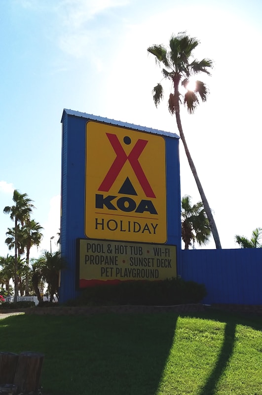 A large sign with a yellow background and red logo reads 'KOA Holiday' and lists amenities such as a pool, hot tub, Wi-Fi, propane, sunset deck, and pet playground. The sign is situated on a grassy area with several palm trees around, and the sunlight is visibly shining through the leaves of one of the trees.