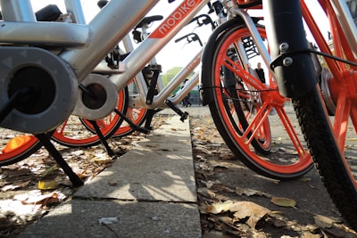 A row of rental bicycles with silver frames and bright orange wheels and accents are parked on the side of a street. The ground is covered with dry autumn leaves, casting shadows from the sunlight. In the background, a few people are walking past, suggesting an urban setting.