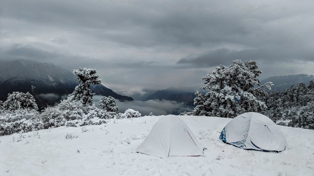 two tents covered in snow