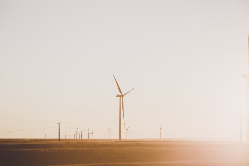 wind turbines under gray sky