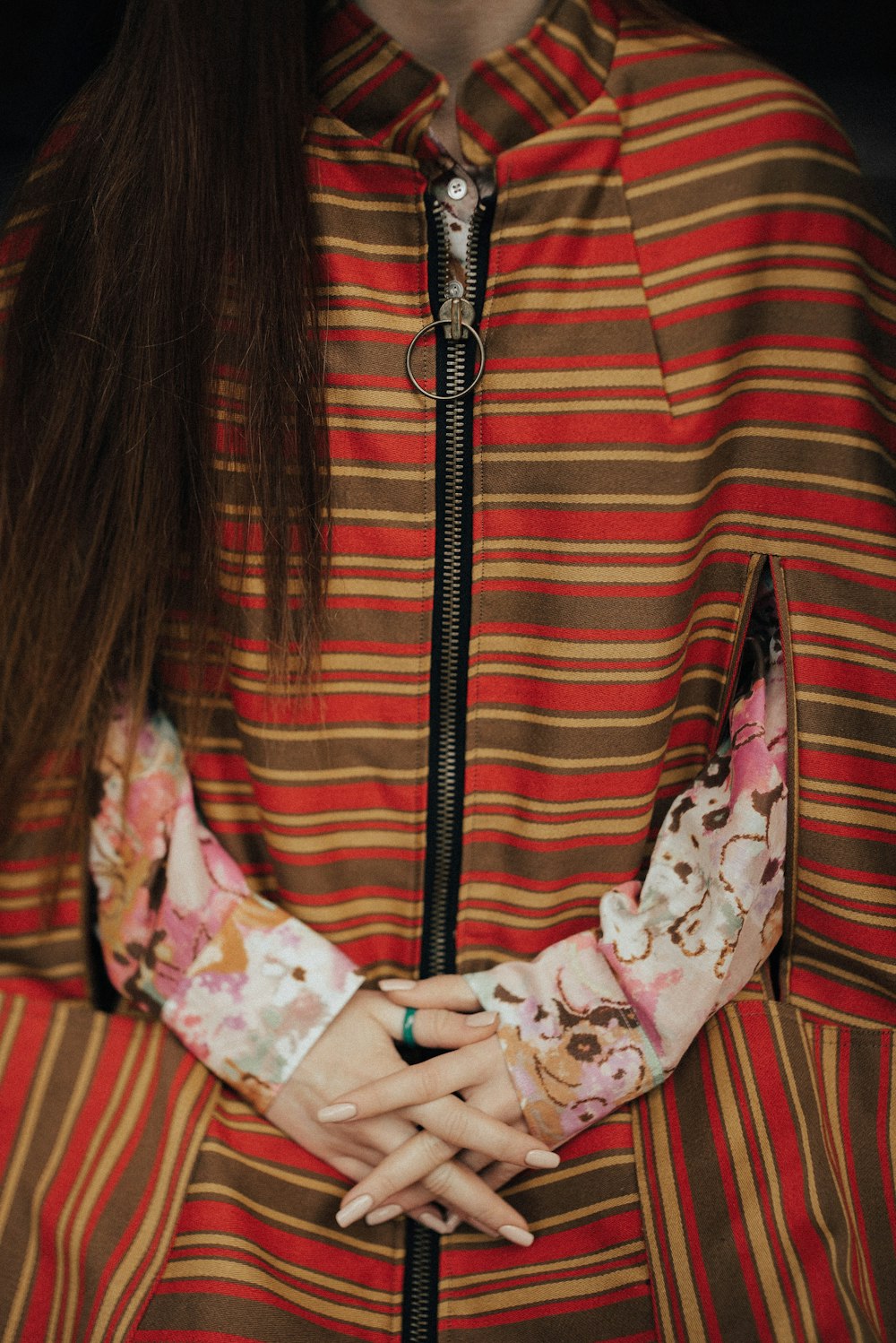 red, brown, and beige zip-up dress