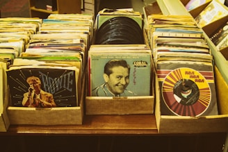 Stacks of vintage vinyl records are arranged in cardboard boxes on a wooden surface. The records feature colorful and artistic album covers with illustrations and photographs of artists. The collection includes various records from different music genres, showcasing a retro and nostalgic vibe.