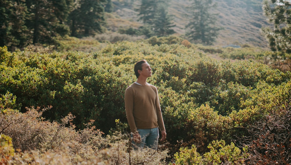 man in gray shirt standing between plants