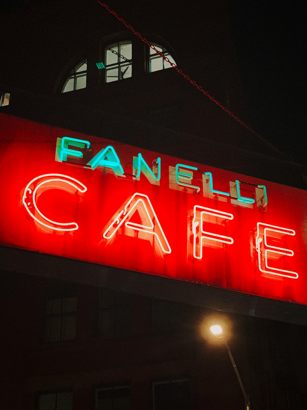 green and red Fanelli Cafe neon light