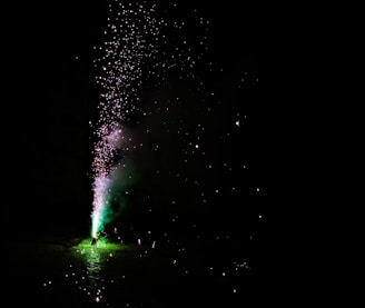 A vibrant burst of neon green fireworks exploding against a black sky with sparks flying.