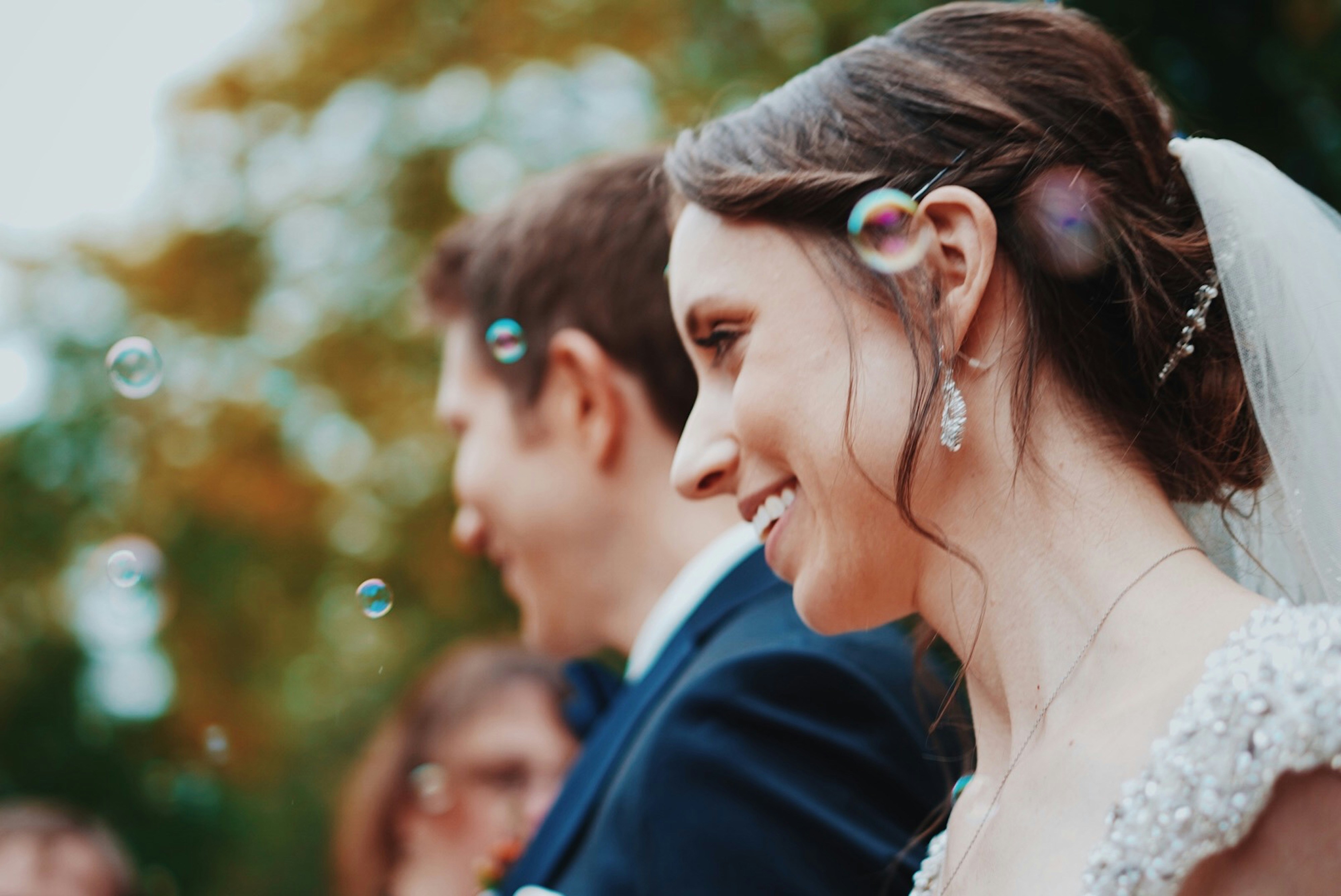 Bride and groom smiling