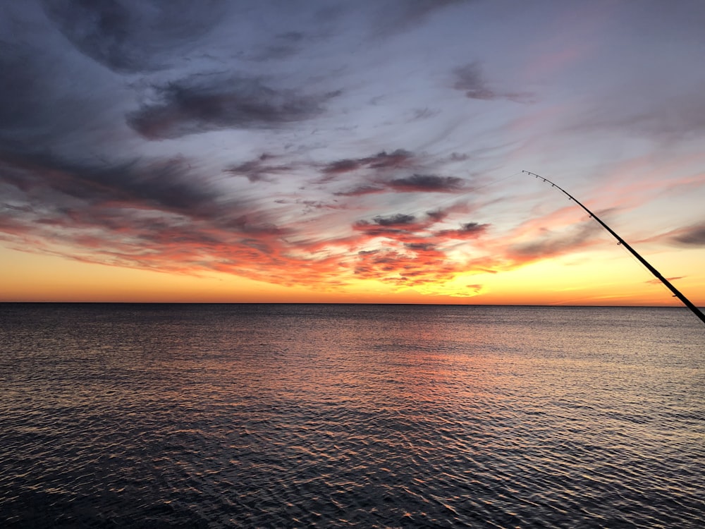 black fishing rod across body of water