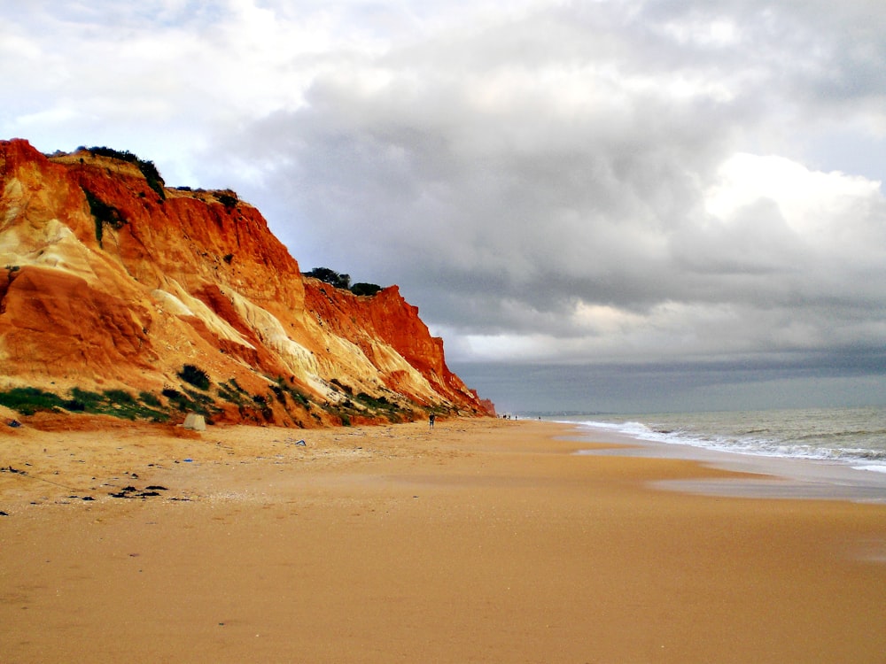 empty shore by cliff under white cloud formation