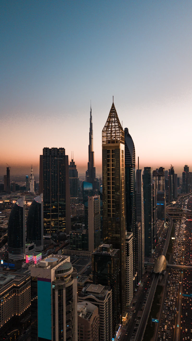 Apartment towers under a blue sky in Dubai