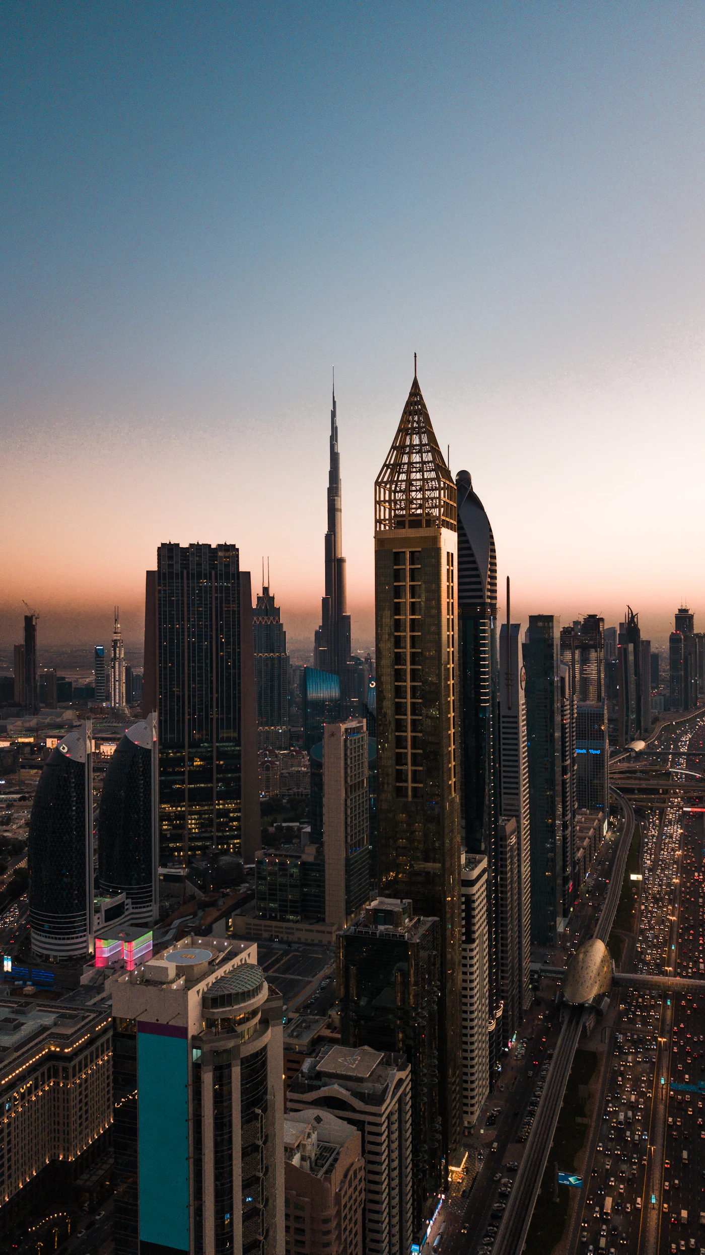 Dubai city skyline under a clear blue sky