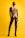 A person with red hair is wearing a strappy one-piece swimsuit and high black heeled boots, standing against a bright yellow background. The pose is from the back, with emphasis on the intricate design of the swimwear.
