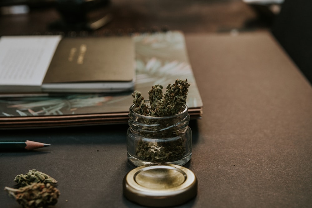 cannabis buds in small clear glass jar