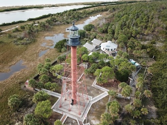 A red lighthouse stands amidst lush green foliage, surrounded by trees and marshland. Adjacent to the lighthouse, there is a building with solar panels on its roof. The landscape extends to a distant shoreline.