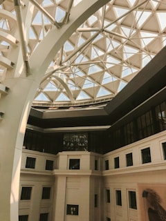 A modern architectural interior features a geometric glass dome ceiling supported by large metal beams. The building has a white facade with multiple rectangular windows, and there is a large artwork on one of the walls depicting a bird.