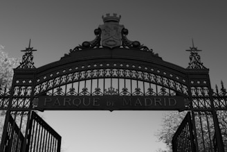 An ornate wrought iron gate with intricate patterns and a crest at the top. The words 'PARQUE de MADRID' are prominently displayed in the center of the gate. The gate is set against a clear sky and is flanked by trees on either side.