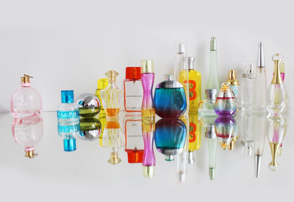 assorted glass fragrance bottles