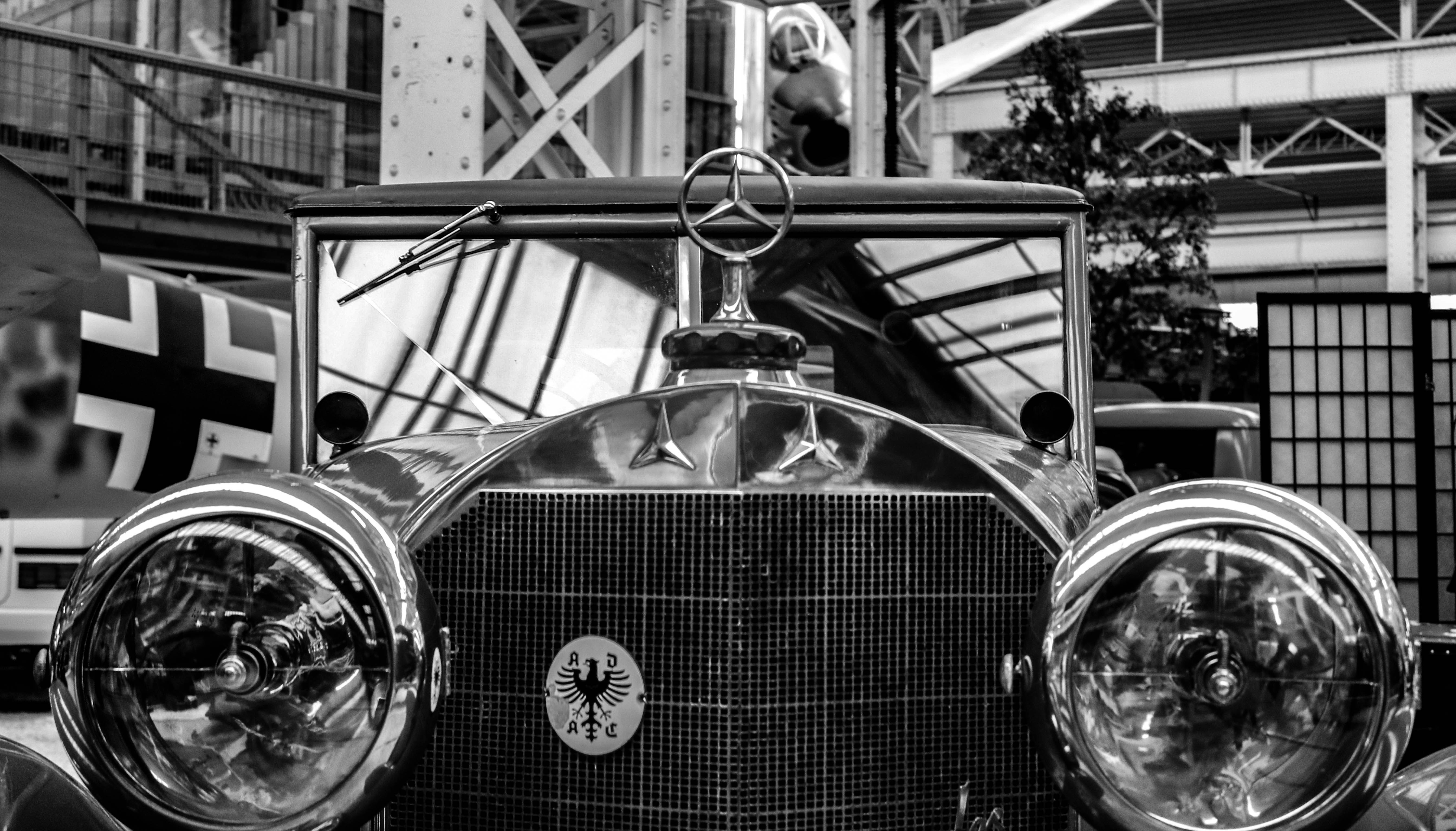grayscale photography of Mercedes-Benz car