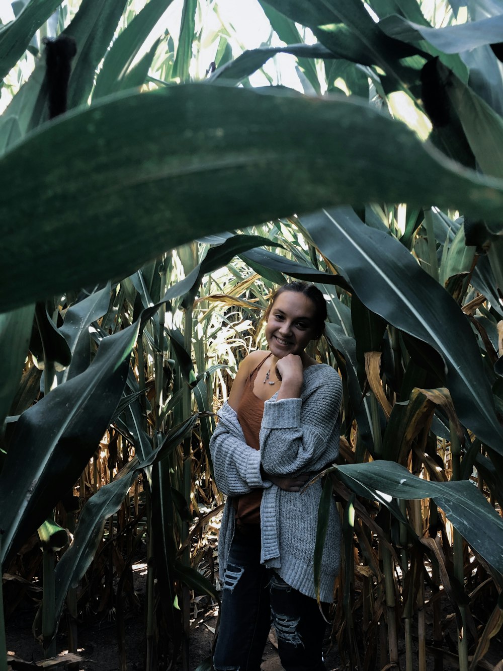 smiling woman hiding under tall corn field