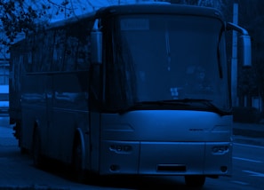 A large bus is parked on the side of the road, partially obscured by surrounding trees. The image is tinted in a monochromatic blue. The bus has a 'Tourist' sign displayed on the front window, and the driver is visible inside.