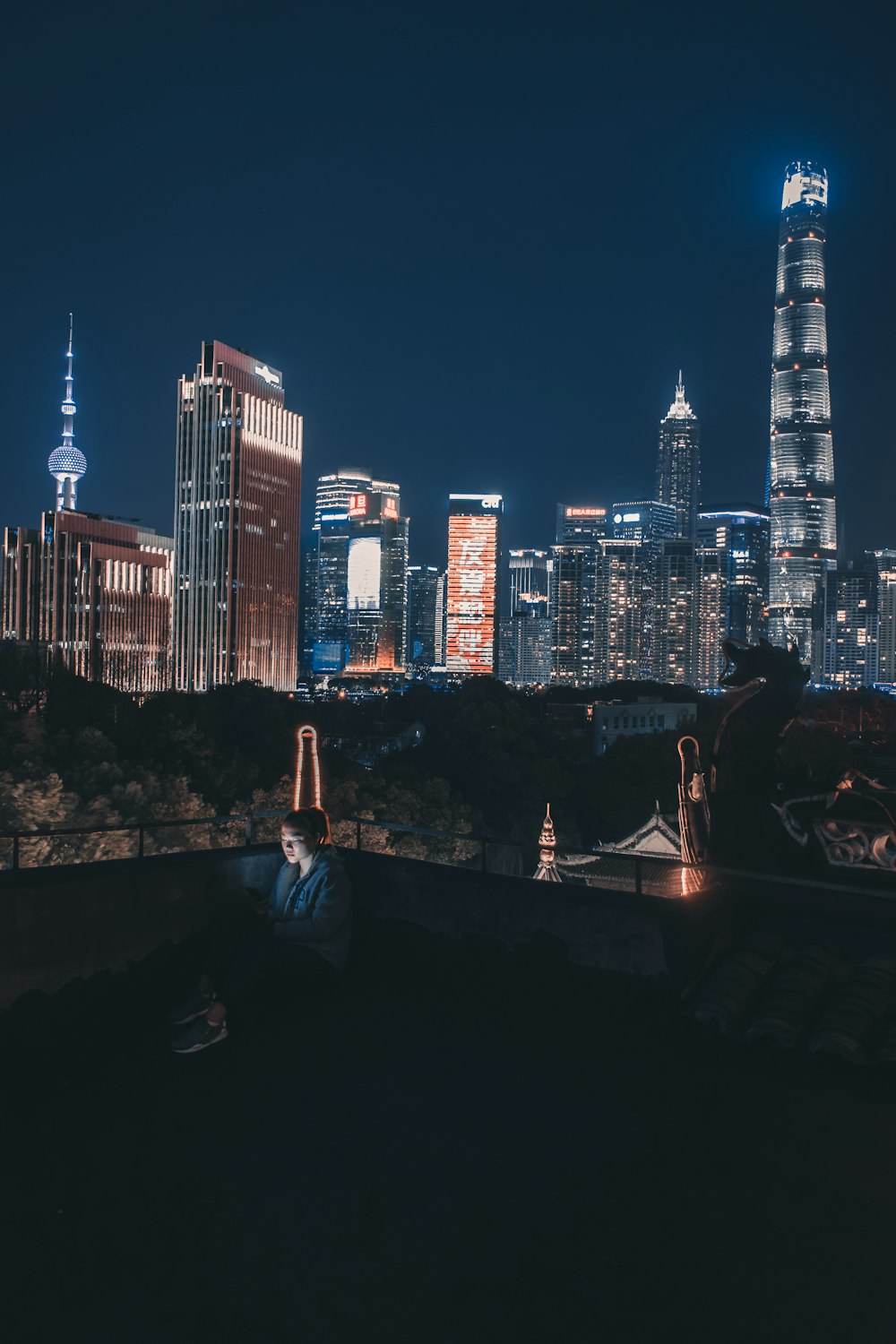 person sitting beside railing near city