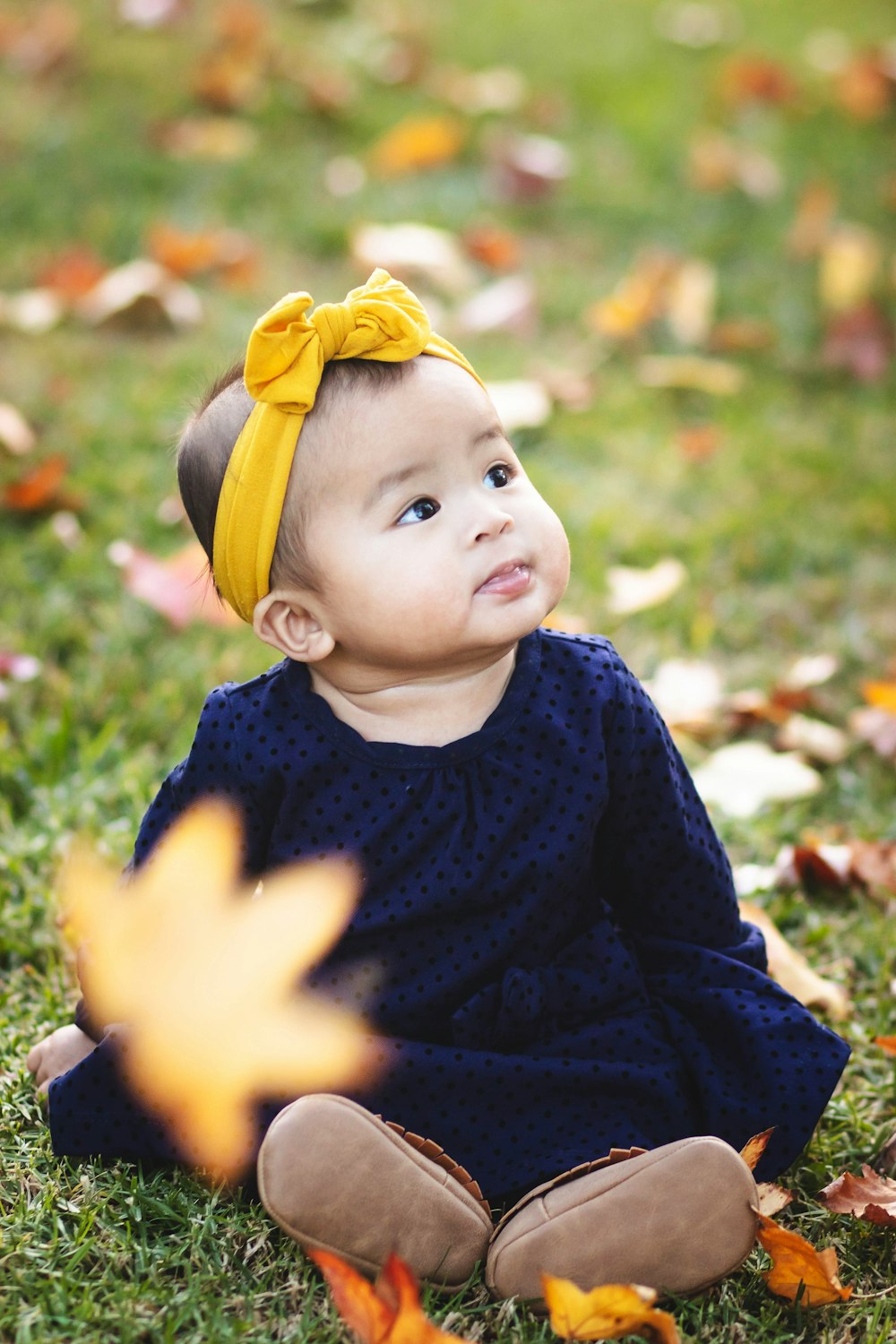 baby sitting on green grass