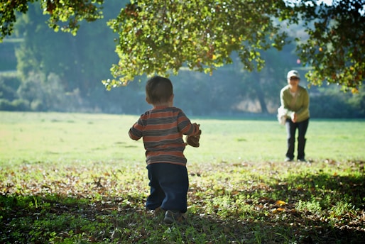 A young child, wearing a striped shirt and dark pants, is walking towards an adult who is crouched in the distance. They are in a sunlit open grassy area with trees providing shade. The scene carries a peaceful and playful atmosphere.