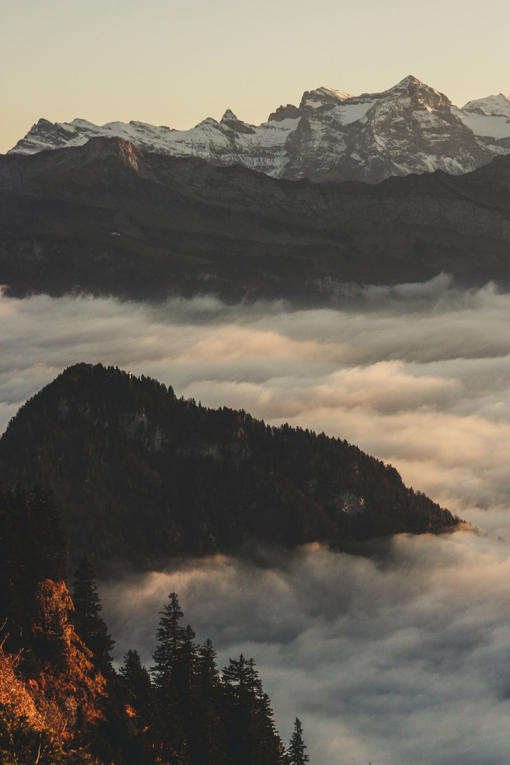 mountain covered with clouds during golden hour