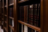 A close-up of a row of books on wooden shelves. The spines of the books are dark-colored with gold lettering, suggesting antique or classic literature. The lighting is warm, highlighting the rich textures of the wood and the aged book bindings.