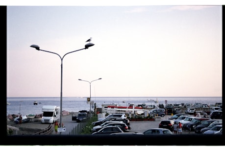 A coastal parking lot with numerous cars, bikes, and a few people walking nearby. A large body of water stretches along the horizon with boats in the distance. Two tall streetlights are in the foreground, with a seagull perched on one of them. A camper van is parked on the left side, and several signs and structures, including a pay booth, are visible near the beach.
