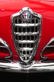 Close-up view of a chrome grille with the logo of Alfa Romeo visible. The background features a red painted surface, possibly the front of a car. The grille has a distinct vintage design with multiple horizontal and vertical lines.
