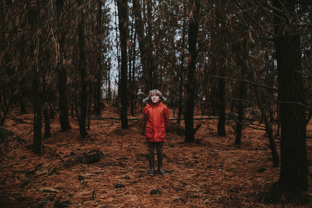 menino em pé na floresta