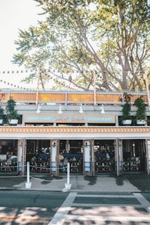 An inviting exterior view of the restaurant during sunset.